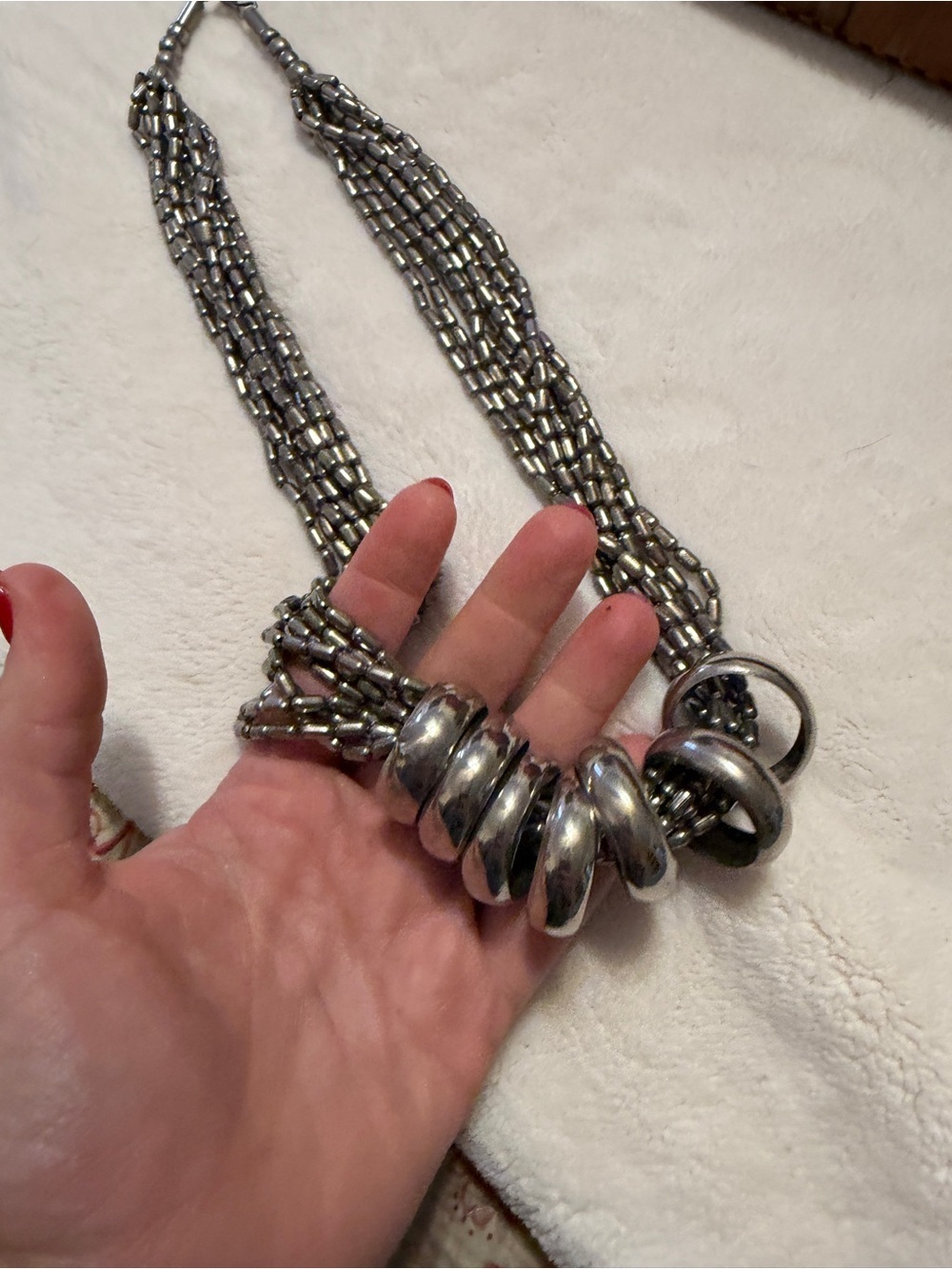 Vintage Statement Silver Multi-Strand Bead Necklace with Chunky Rings